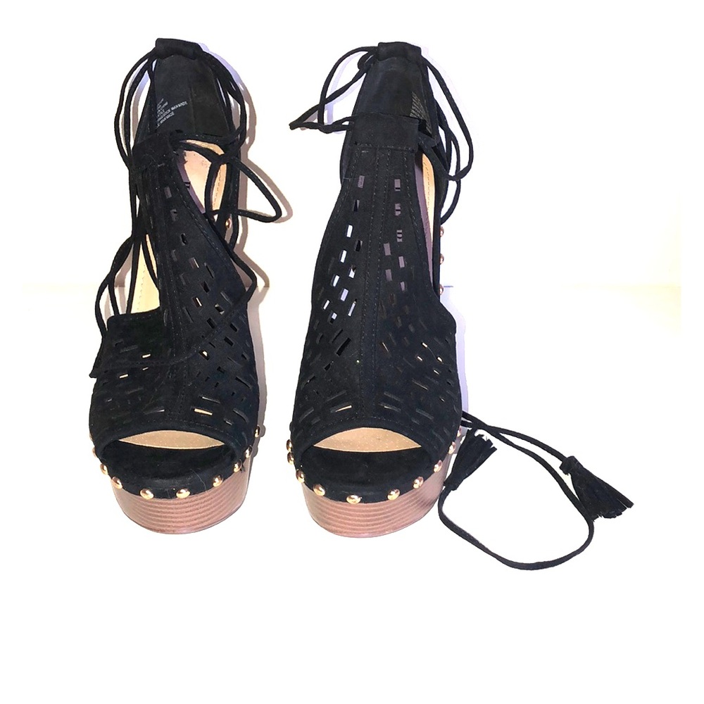 Black tie up suede studded wedge sandals